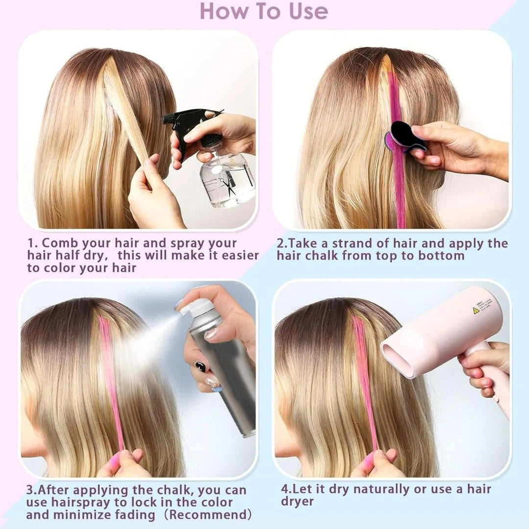Hair chalk being applied to a strand